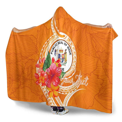 Niue Polynesian Custom Personalised Hooded Blanket - Orange Floral With Seal