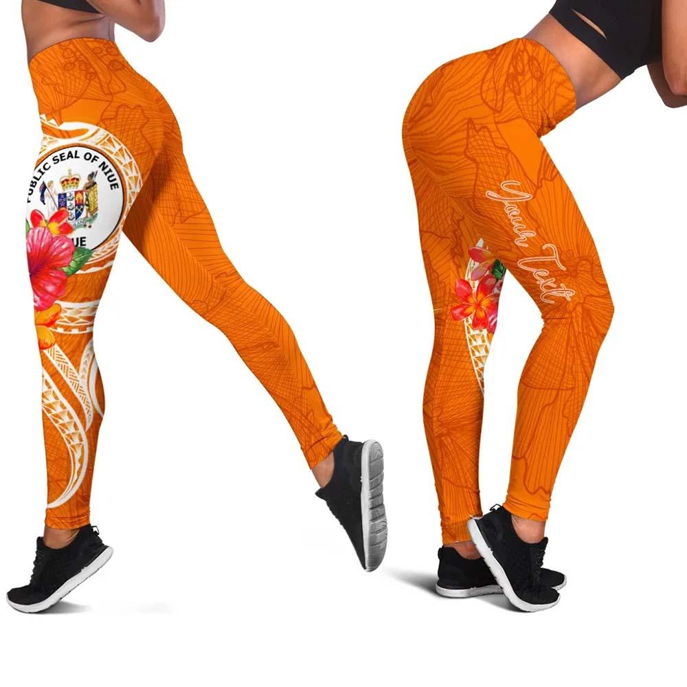Niue Polynesian Custom Personalised Legging - Orange Floral With Seal