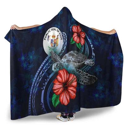 Niue Polynesian Hooded Blanket - Blue Turtle Hibiscus