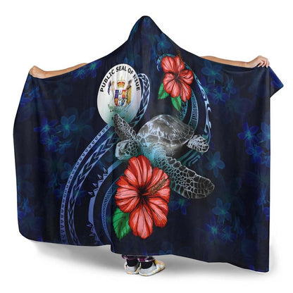 Niue Polynesian Hooded Blanket - Blue Turtle Hibiscus
