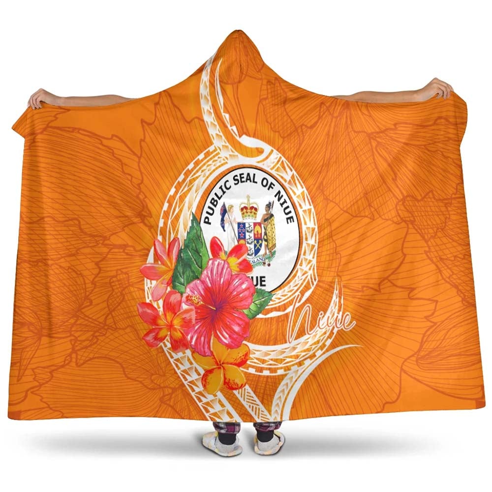 Niue Polynesian Hooded Blanket - Orange Floral With Seal