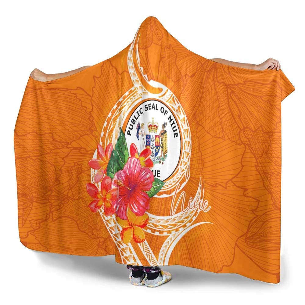 Niue Polynesian Hooded Blanket - Orange Floral With Seal