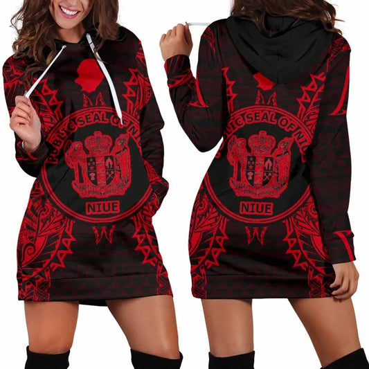 Niue Polynesian Hoodie Dress Map Red