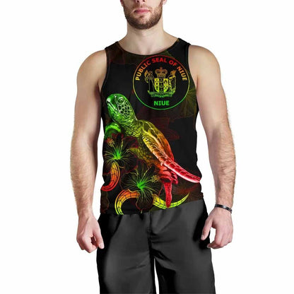Niue Polynesian Men Tank Top - Turtle With Blooming Hibiscus Reggae
