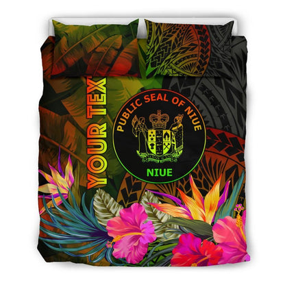 Niue Polynesian Personalised Bedding Set - Hibiscus And Banana Leaves