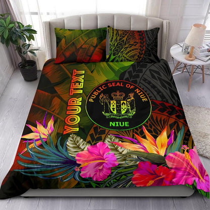 Niue Polynesian Personalised Bedding Set - Hibiscus And Banana Leaves