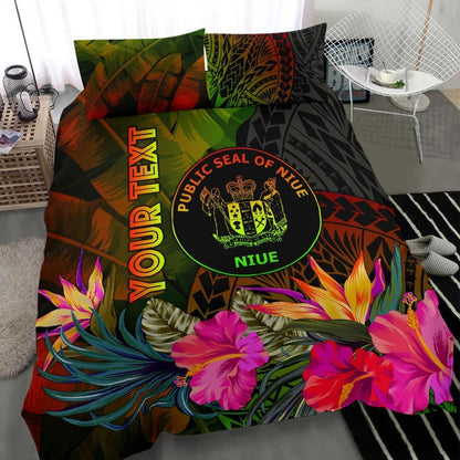 Niue Polynesian Personalised Bedding Set - Hibiscus And Banana Leaves