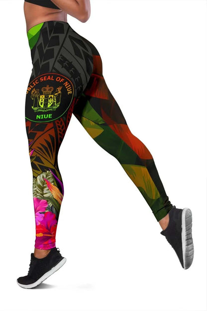 Niue Polynesian Personalised Legging - Hibiscus and Banana Leaves
