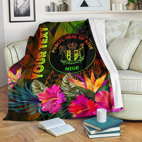 Niue Polynesian Personalised Premium Blanket - Hibiscus and Banana Leaves