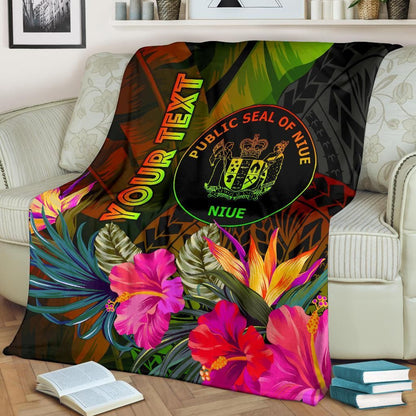 Niue Polynesian Personalised Premium Blanket - Hibiscus and Banana Leaves