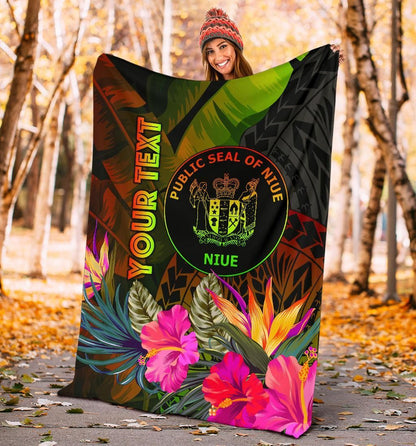 Niue Polynesian Personalised Premium Blanket - Hibiscus and Banana Leaves