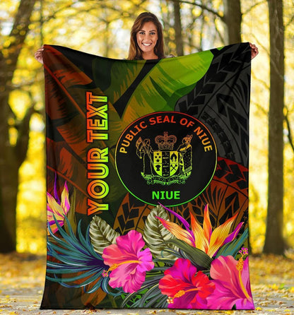 Niue Polynesian Personalised Premium Blanket - Hibiscus and Banana Leaves