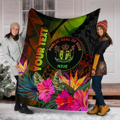 Niue Polynesian Personalised Premium Blanket - Hibiscus and Banana Leaves