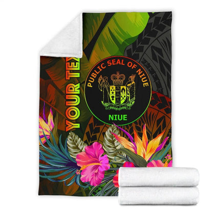 Niue Polynesian Personalised Premium Blanket - Hibiscus and Banana Leaves