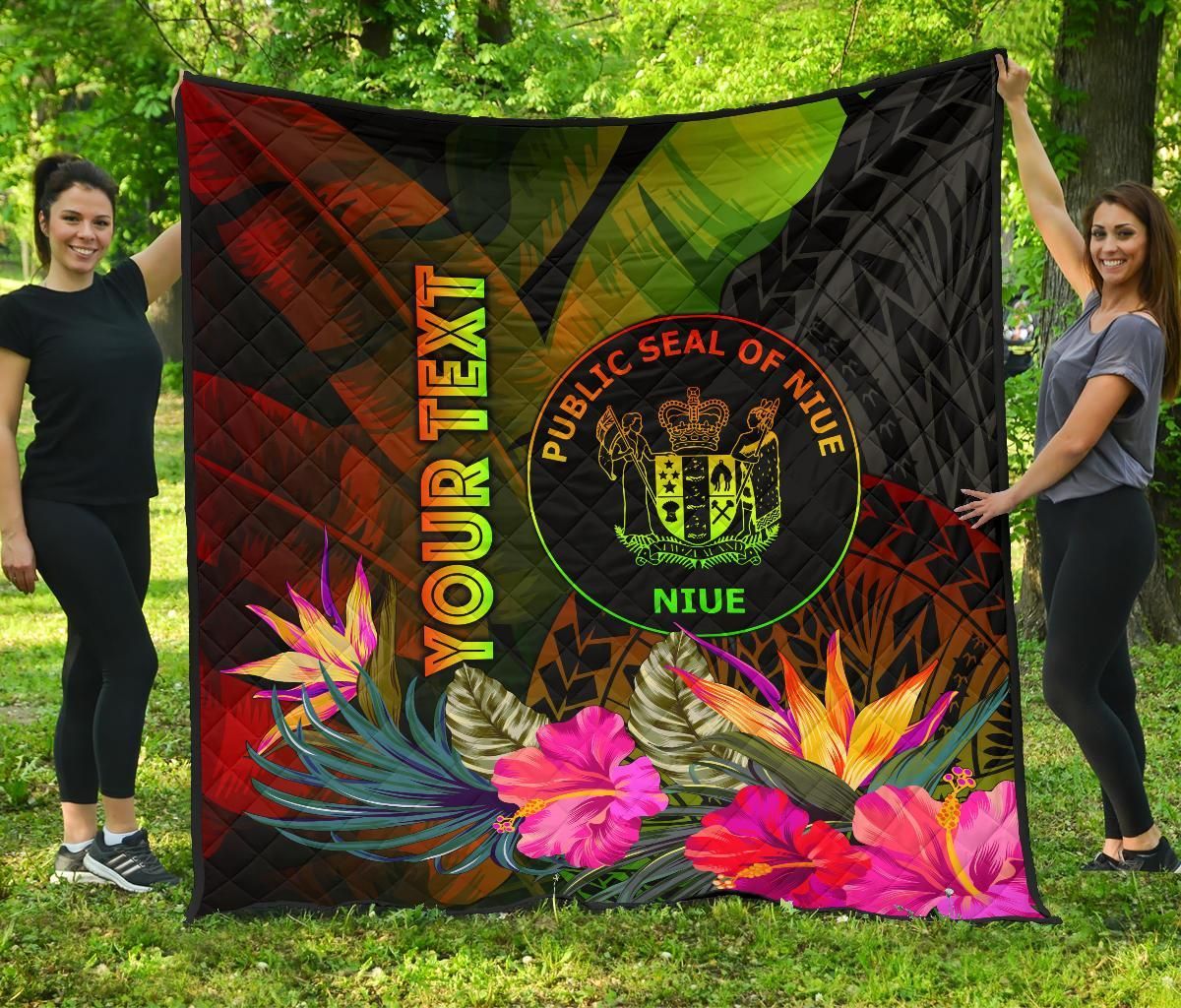 Niue Polynesian Personalised Premium Quilt - Hibiscus and Banana Leaves