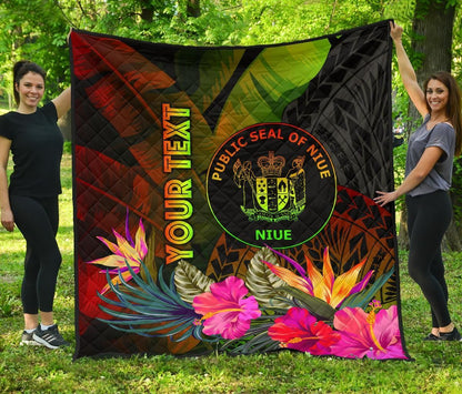 Niue Polynesian Personalised Premium Quilt - Hibiscus and Banana Leaves