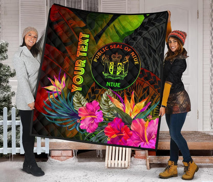 Niue Polynesian Personalised Premium Quilt - Hibiscus and Banana Leaves