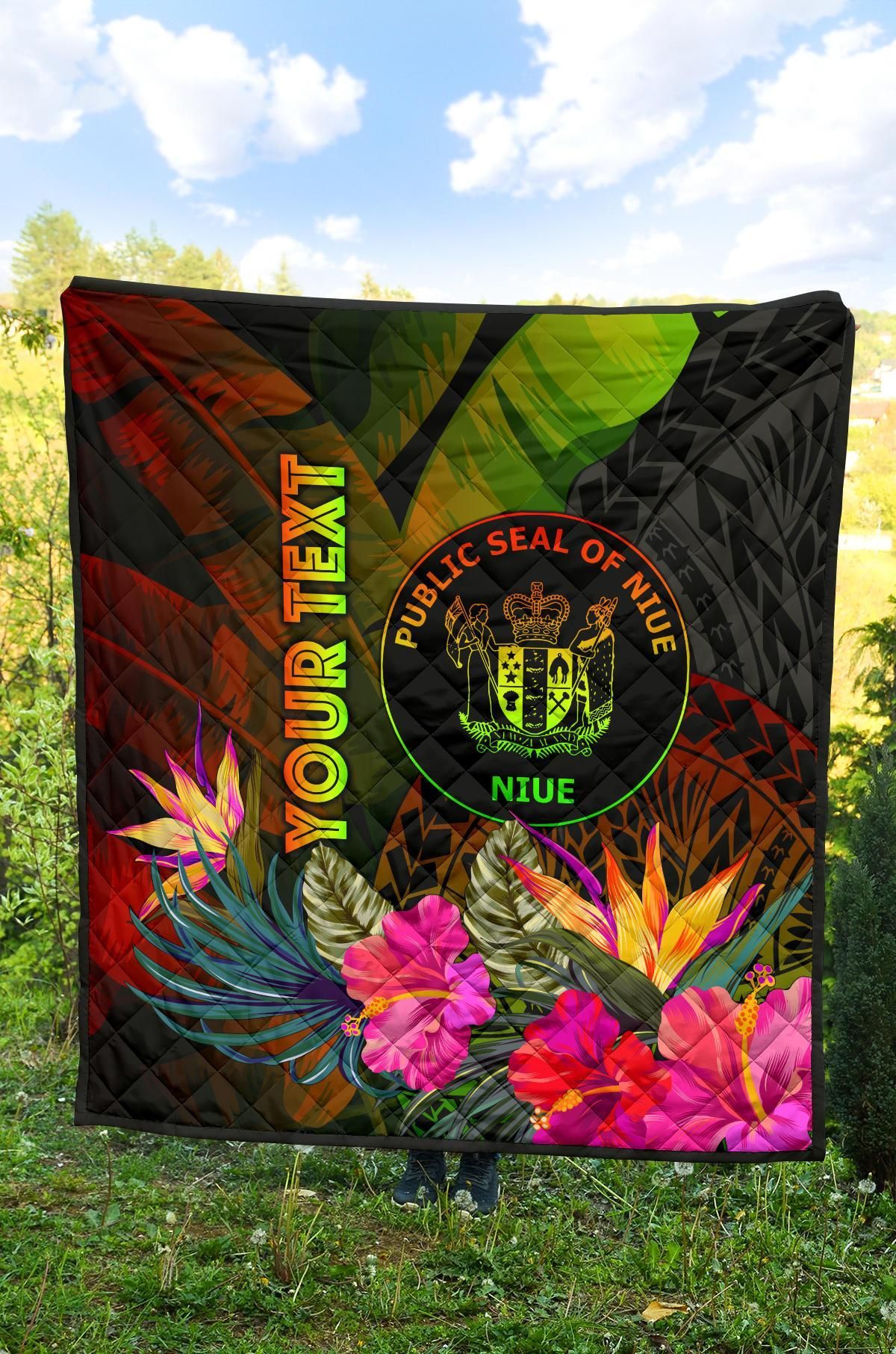 Niue Polynesian Personalised Premium Quilt - Hibiscus and Banana Leaves