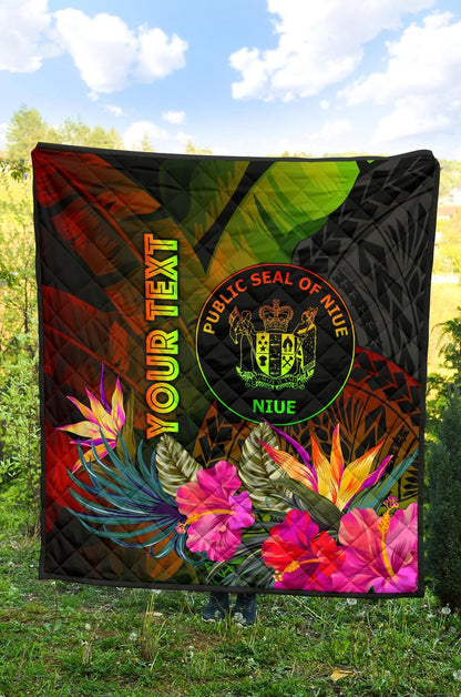 Niue Polynesian Personalised Premium Quilt - Hibiscus and Banana Leaves