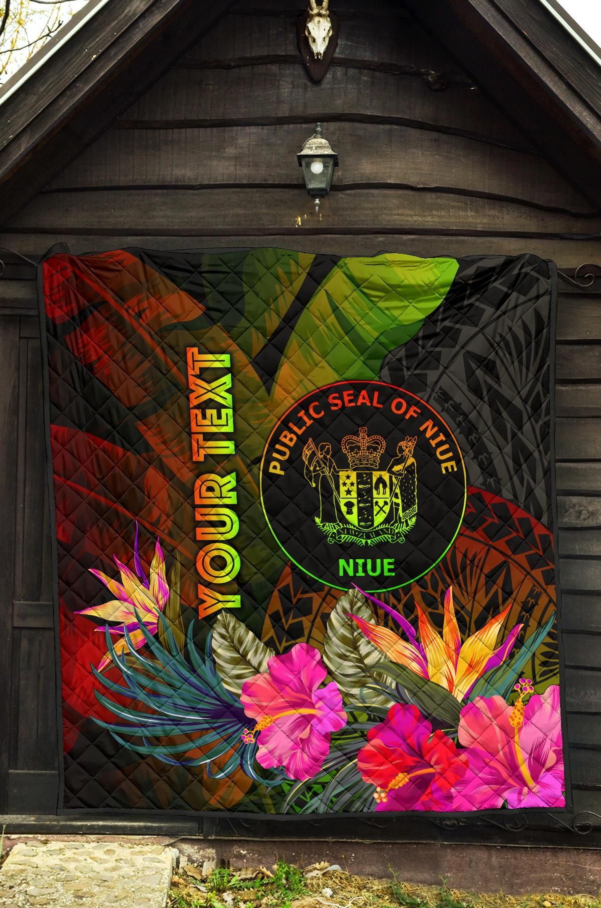 Niue Polynesian Personalised Premium Quilt - Hibiscus and Banana Leaves