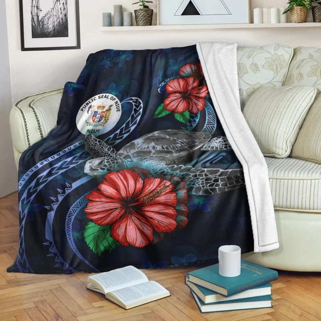 Niue Polynesian Premium Blanket - Blue Turtle Hibiscus