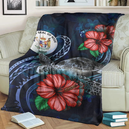 Niue Polynesian Premium Blanket - Blue Turtle Hibiscus
