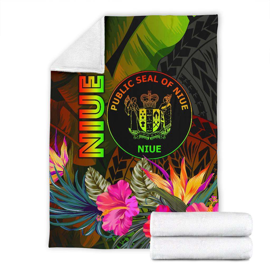 Niue Polynesian Premium Blanket - Hibiscus and Banana Leaves