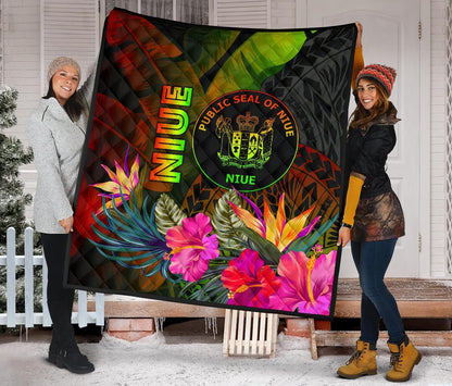 Niue Polynesian Premium Quilt - Hibiscus and Banana Leaves