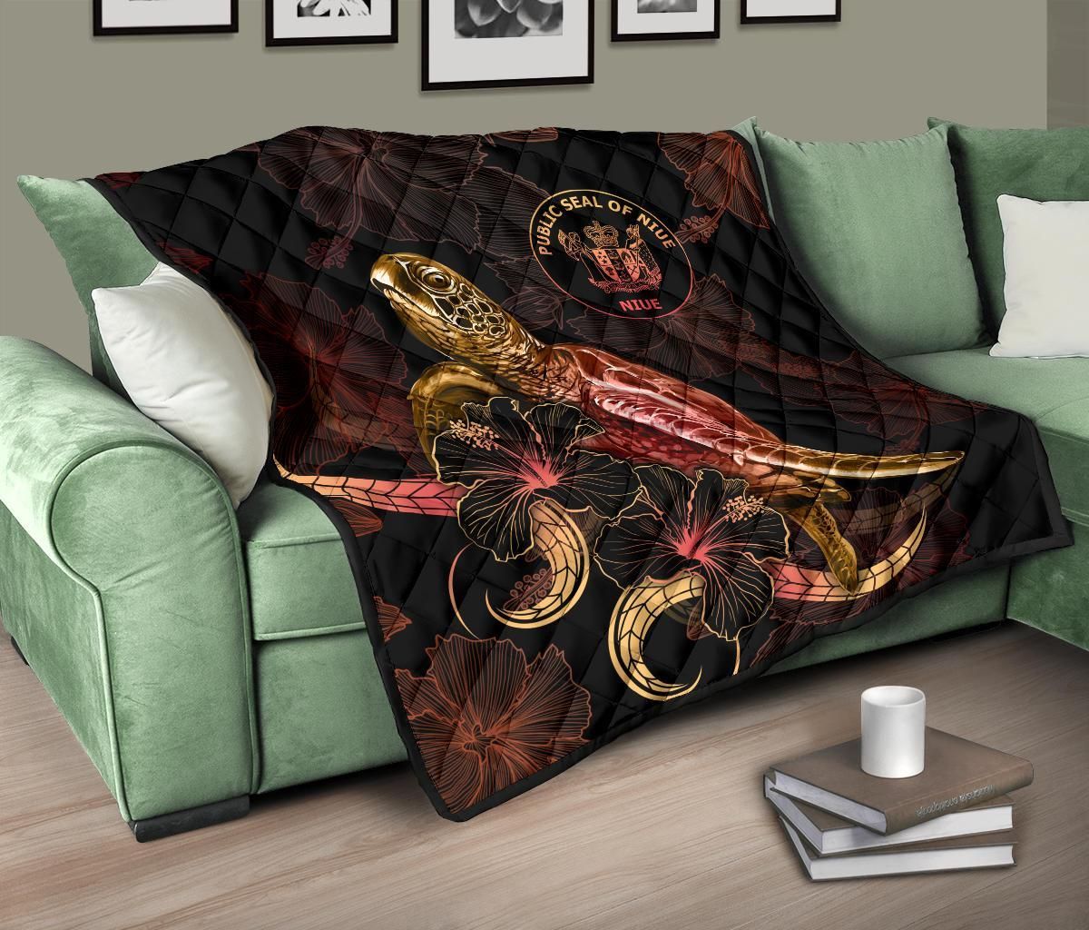 Niue Polynesian Premium Quilt - Turtle With Blooming Hibiscus Gold