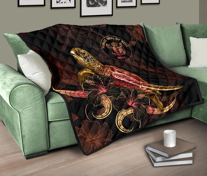 Niue Polynesian Premium Quilt - Turtle With Blooming Hibiscus Gold