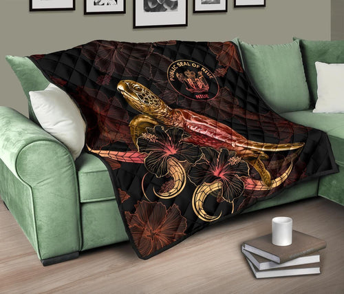 Niue Polynesian Premium Quilt - Turtle With Blooming Hibiscus Gold