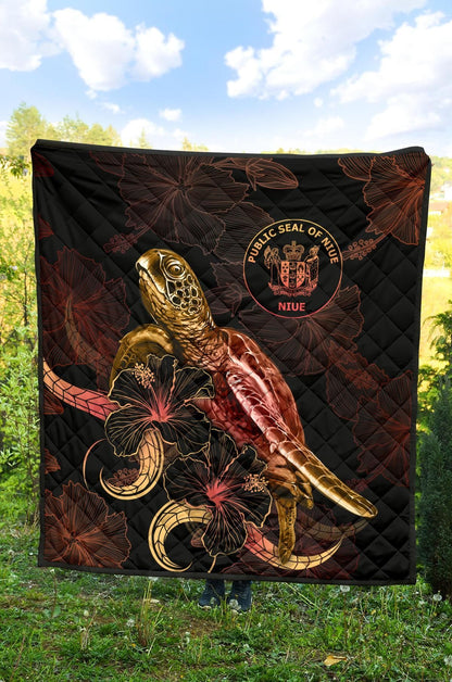 Niue Polynesian Premium Quilt - Turtle With Blooming Hibiscus Gold
