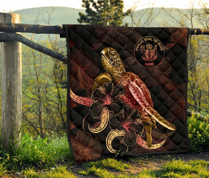 Niue Polynesian Premium Quilt - Turtle With Blooming Hibiscus Gold