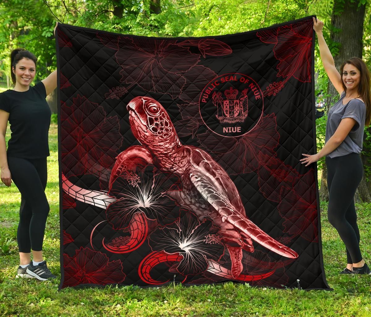 Niue Polynesian Premium Quilt - Turtle With Blooming Hibiscus Red