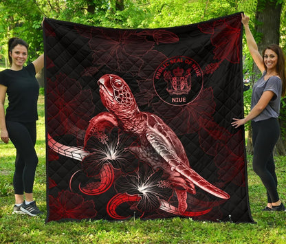 Niue Polynesian Premium Quilt - Turtle With Blooming Hibiscus Red