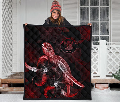 Niue Polynesian Premium Quilt - Turtle With Blooming Hibiscus Red