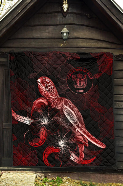 Niue Polynesian Premium Quilt - Turtle With Blooming Hibiscus Red