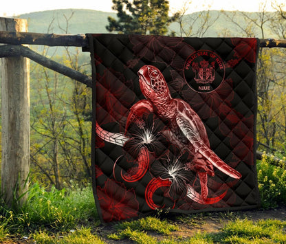 Niue Polynesian Premium Quilt - Turtle With Blooming Hibiscus Red