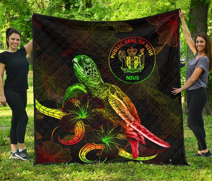 Niue Polynesian Premium Quilt - Turtle With Blooming Hibiscus Reggae