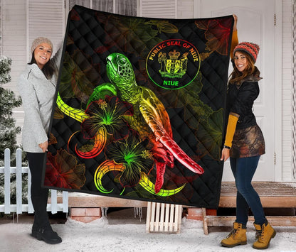 Niue Polynesian Premium Quilt - Turtle With Blooming Hibiscus Reggae