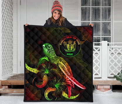 Niue Polynesian Premium Quilt - Turtle With Blooming Hibiscus Reggae