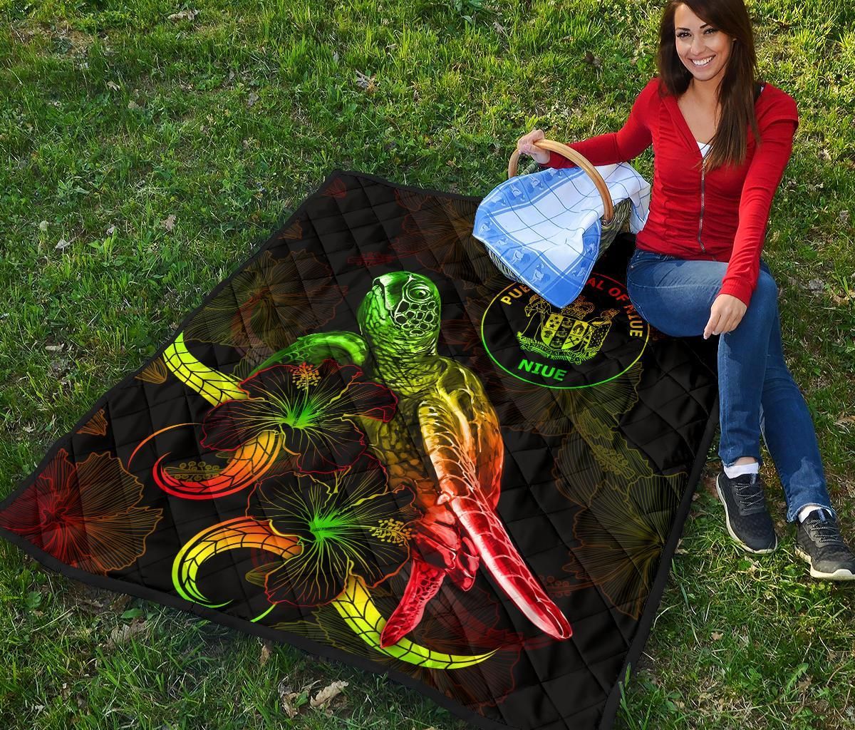 Niue Polynesian Premium Quilt - Turtle With Blooming Hibiscus Reggae