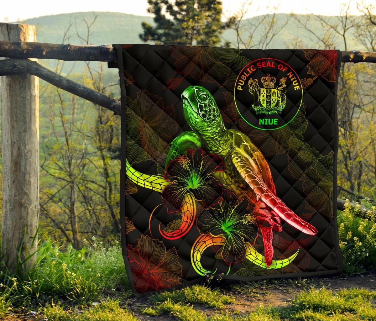 Niue Polynesian Premium Quilt - Turtle With Blooming Hibiscus Reggae