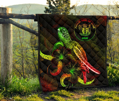 Niue Polynesian Premium Quilt - Turtle With Blooming Hibiscus Reggae