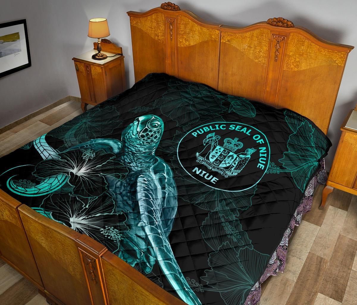 Niue Polynesian Premium Quilt - Turtle With Blooming Hibiscus Turquoise