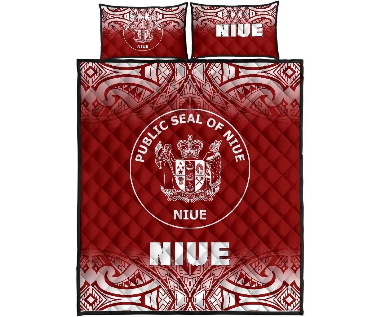 Niue Quilt Bed Set - Niue Coat Of Arms Polynesian Tattoo Fog Red Style