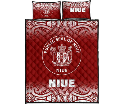 Niue Quilt Bed Set - Niue Coat Of Arms Polynesian Tattoo Fog Red Style