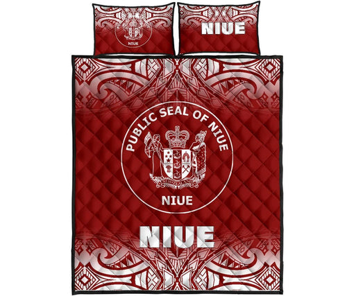 Niue Quilt Bed Set - Niue Coat Of Arms Polynesian Tattoo Fog Red Style