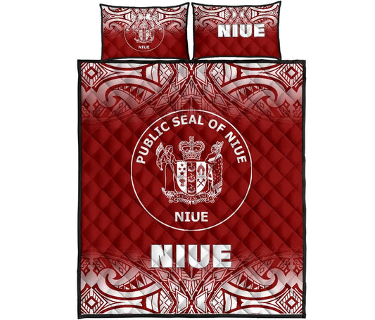 Niue Quilt Bed Set - Niue Coat Of Arms Polynesian Tattoo Fog Red Style