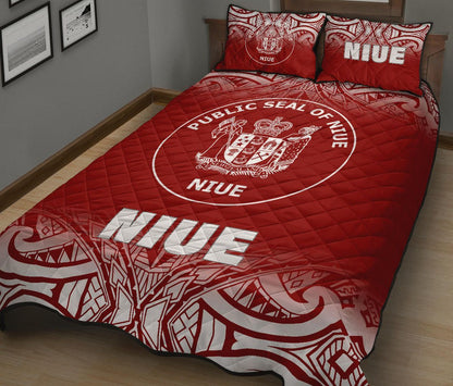 Niue Quilt Bed Set - Niue Coat Of Arms Polynesian Tattoo Fog Red Style